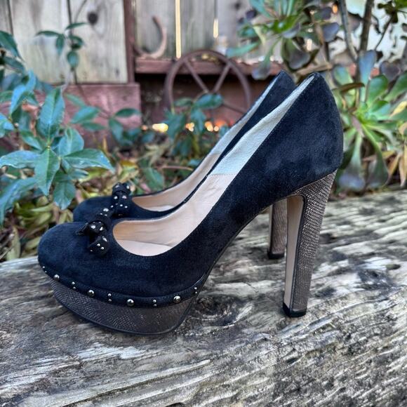 Gianni Marra Platform Black Leather Suade Studded Bow Italy Heels Size 36.5 / 6 - Picture 4 of 14